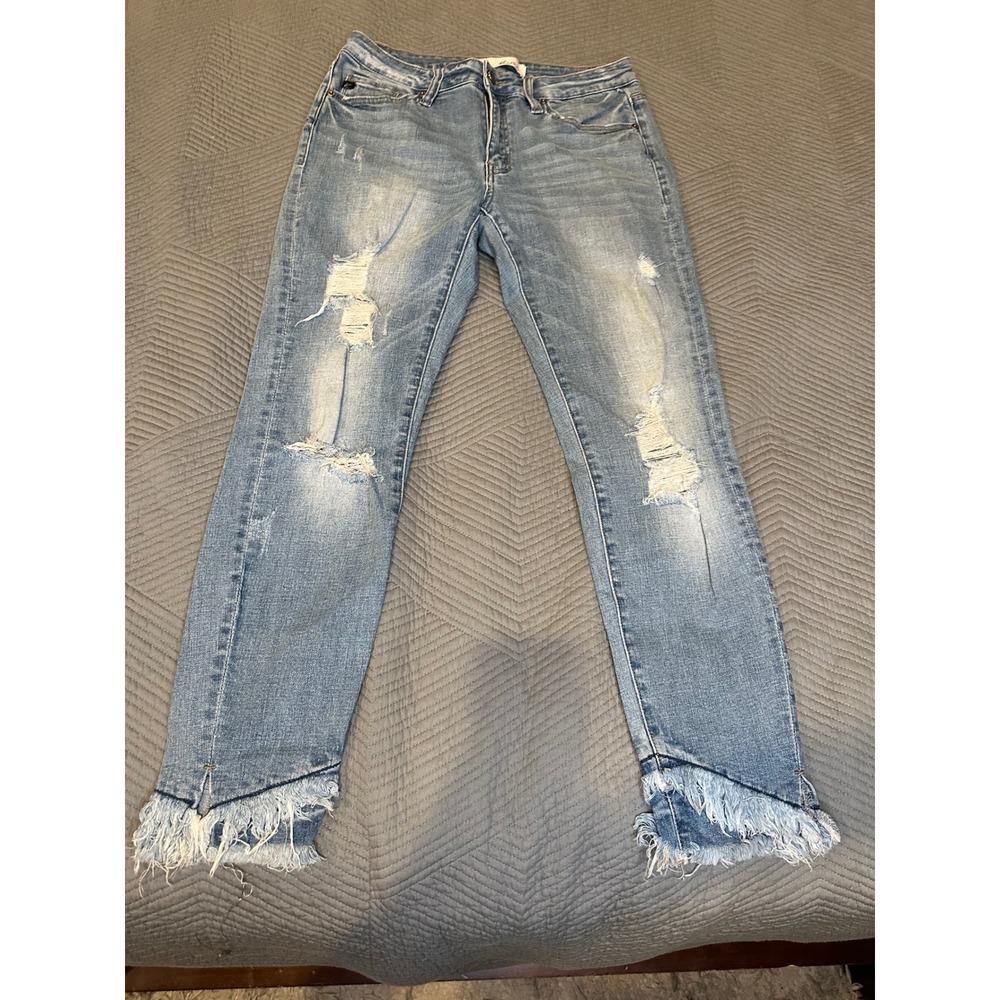 Kancan Distressed Light Wash Skinny Jeans with Frayed Asymmetrical Hem Women